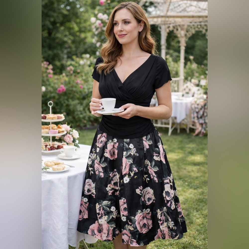 SLNY Black Wrap Bodice Floral Midi Dress with Pink Roses